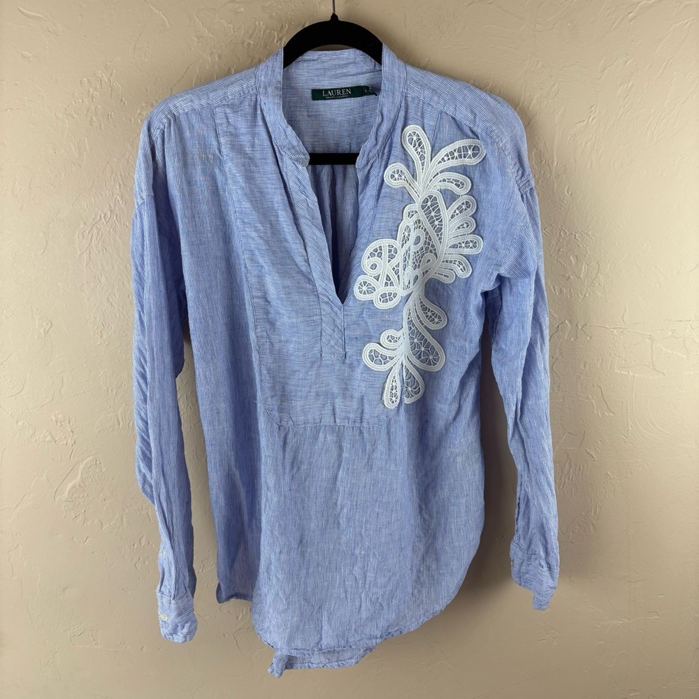 Lauren Ralph Lauren Blue Crochet Embellished Linen Long Sleeve Top Shirt Large